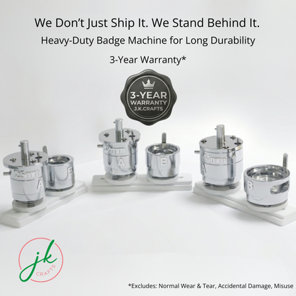 Heavy-duty badge machine with 3-year warranty badge on a white background, featuring J.K. Crafts logo.