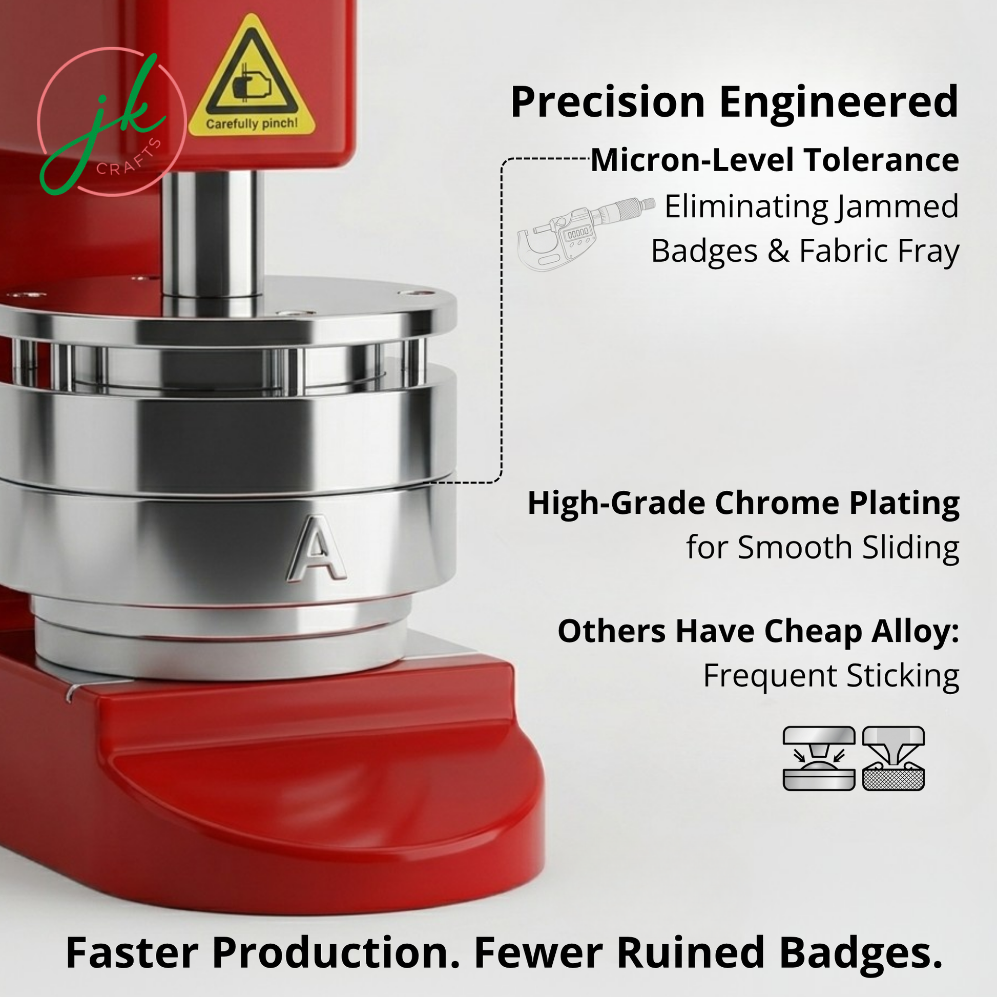 Red badge press machine with chrome plating and text highlighting features on a white background