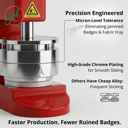 Red badge press machine with chrome plating and text highlighting features on a white background