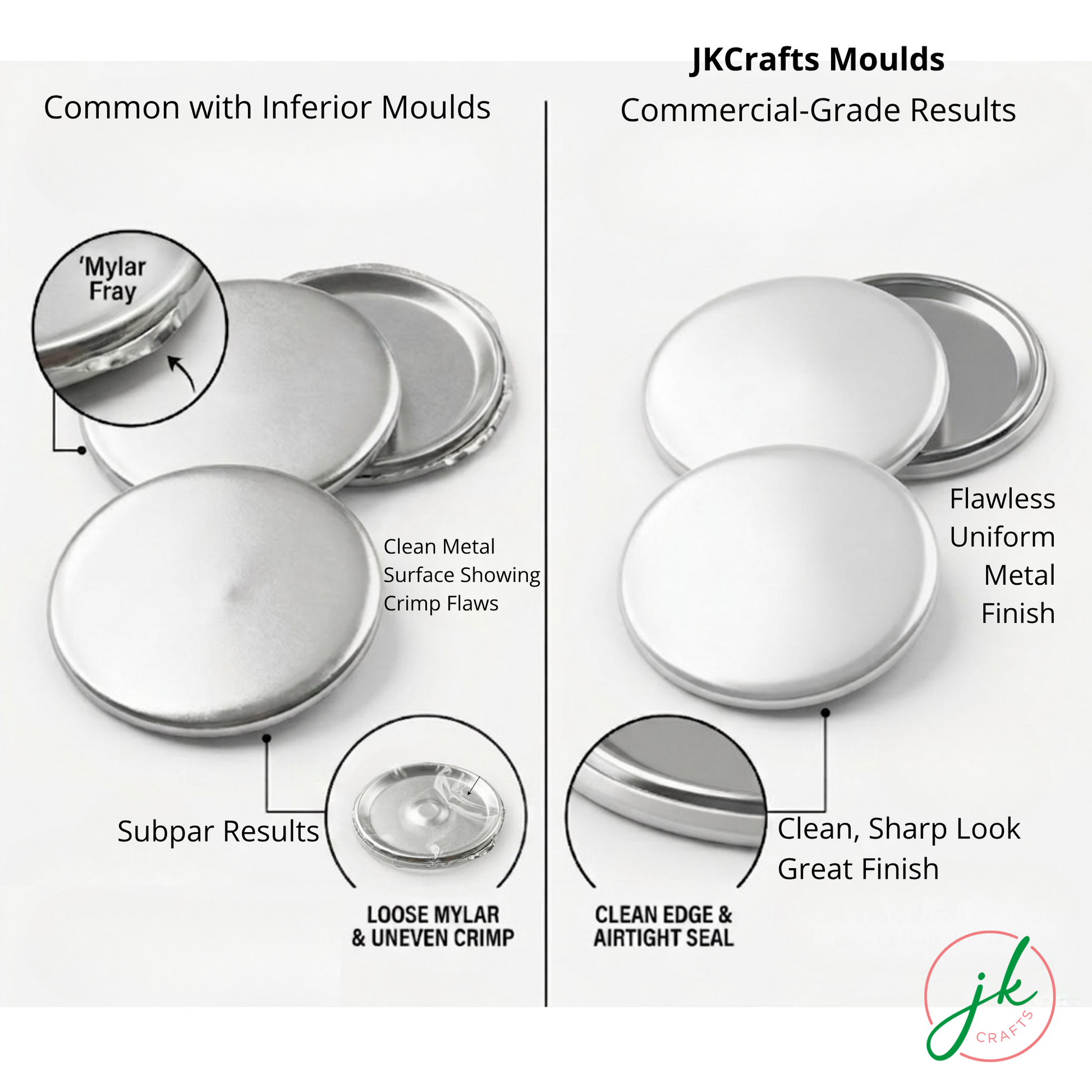 Comparison of button badges with inferior and JK Crafts moulds showing quality differences.