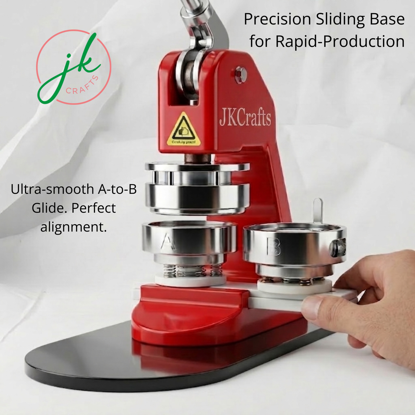 Button badge maker machine with a hand interacting with it, branded 'JK Crafts', on a white background.