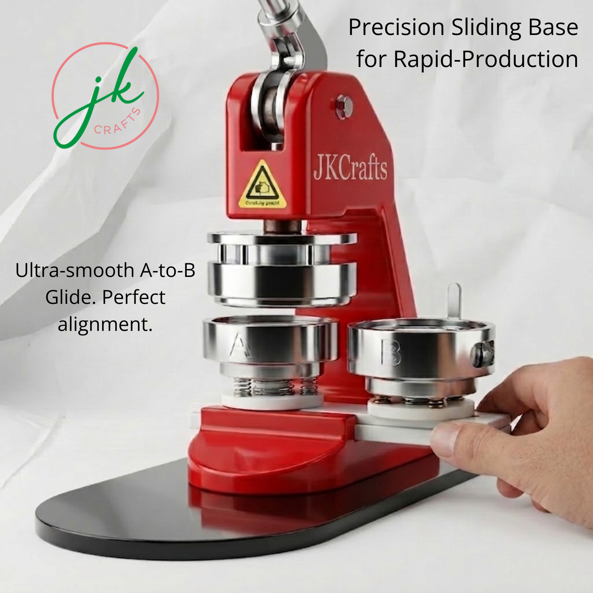 Button badge maker machine with a hand interacting with it, branded 'JK Crafts', on a white background.