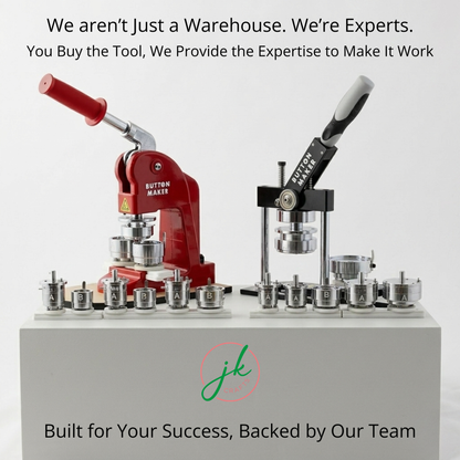 Button making machine with tools on a white background, featuring the JK logo.