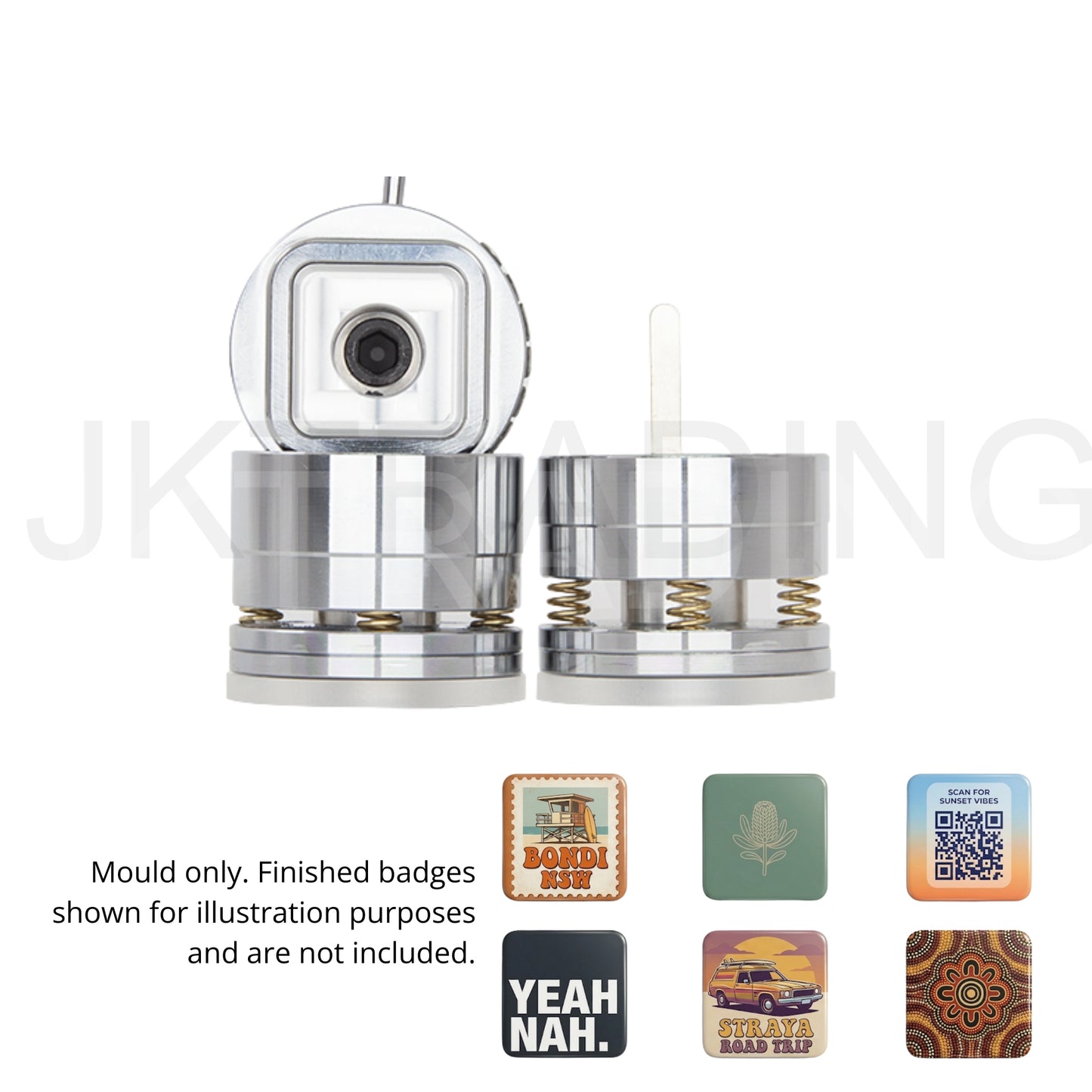 JKCrafts N3 square button badge mould with examples of custom finished square pin-back badges.