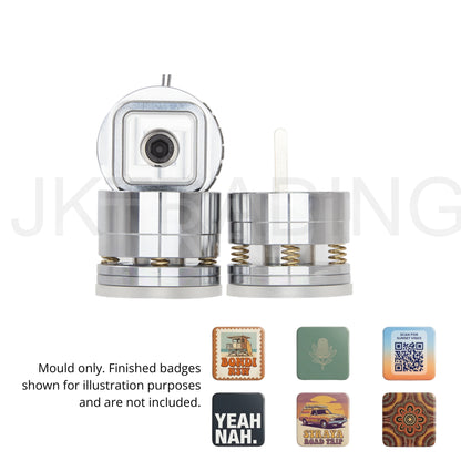 JKCrafts N3 square button badge mould with examples of custom finished square pin-back badges.