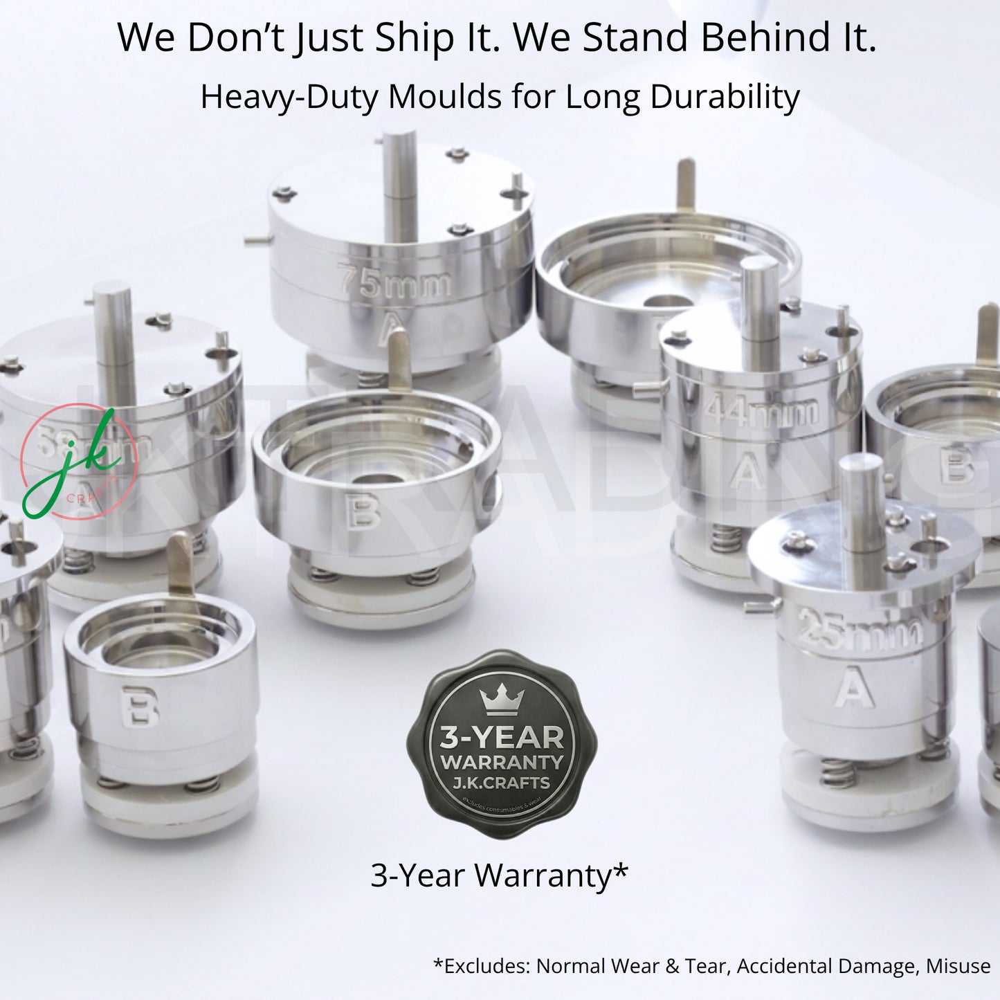 Heavy-duty button badge metal moulds with a 3-year warranty label on a white background