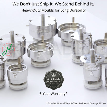Heavy-duty button badge metal moulds with a 3-year warranty label on a white background