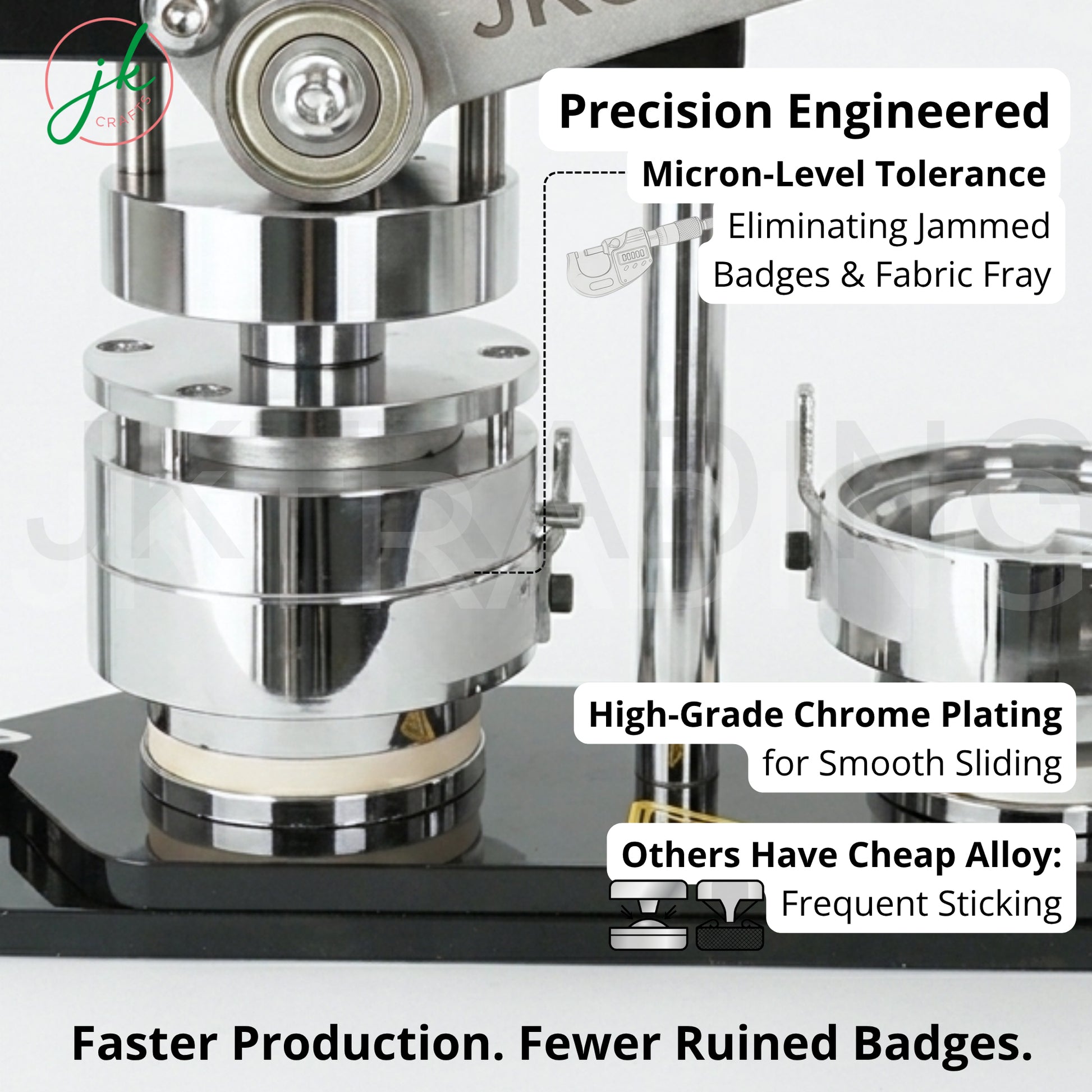 Close-up of JKCrafts N3 button badge mould featuring chrome plating on a professional badge press machine.