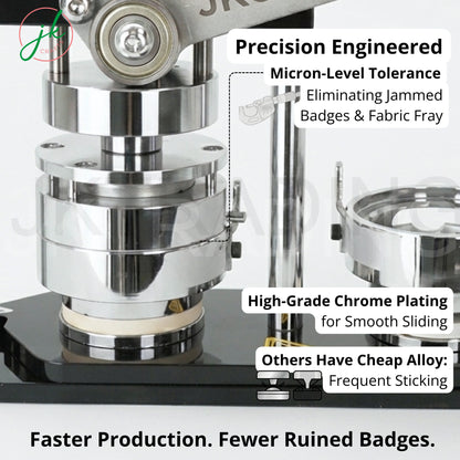 Close-up of JKCrafts N3 button badge mould featuring chrome plating on a professional badge press machine.