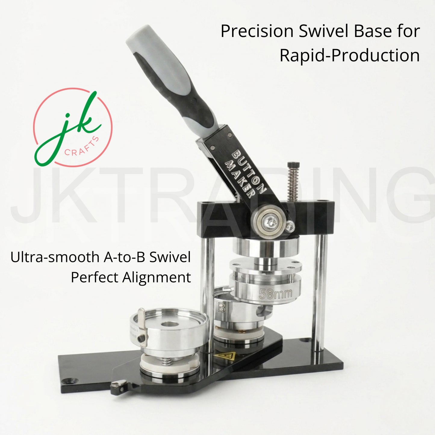JKCrafts heavy-duty button badge maker machine with N3 mould and precision swivel base for rapid production.