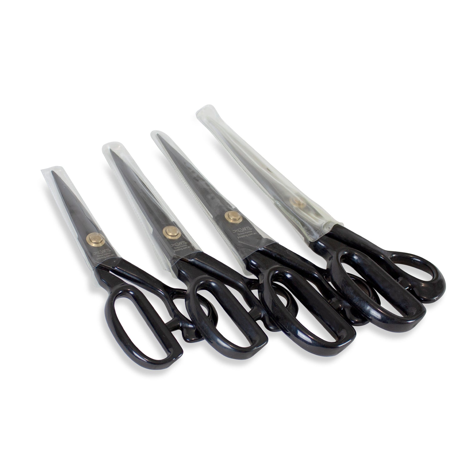 Set of four pairs of black-handled scissors on a white background