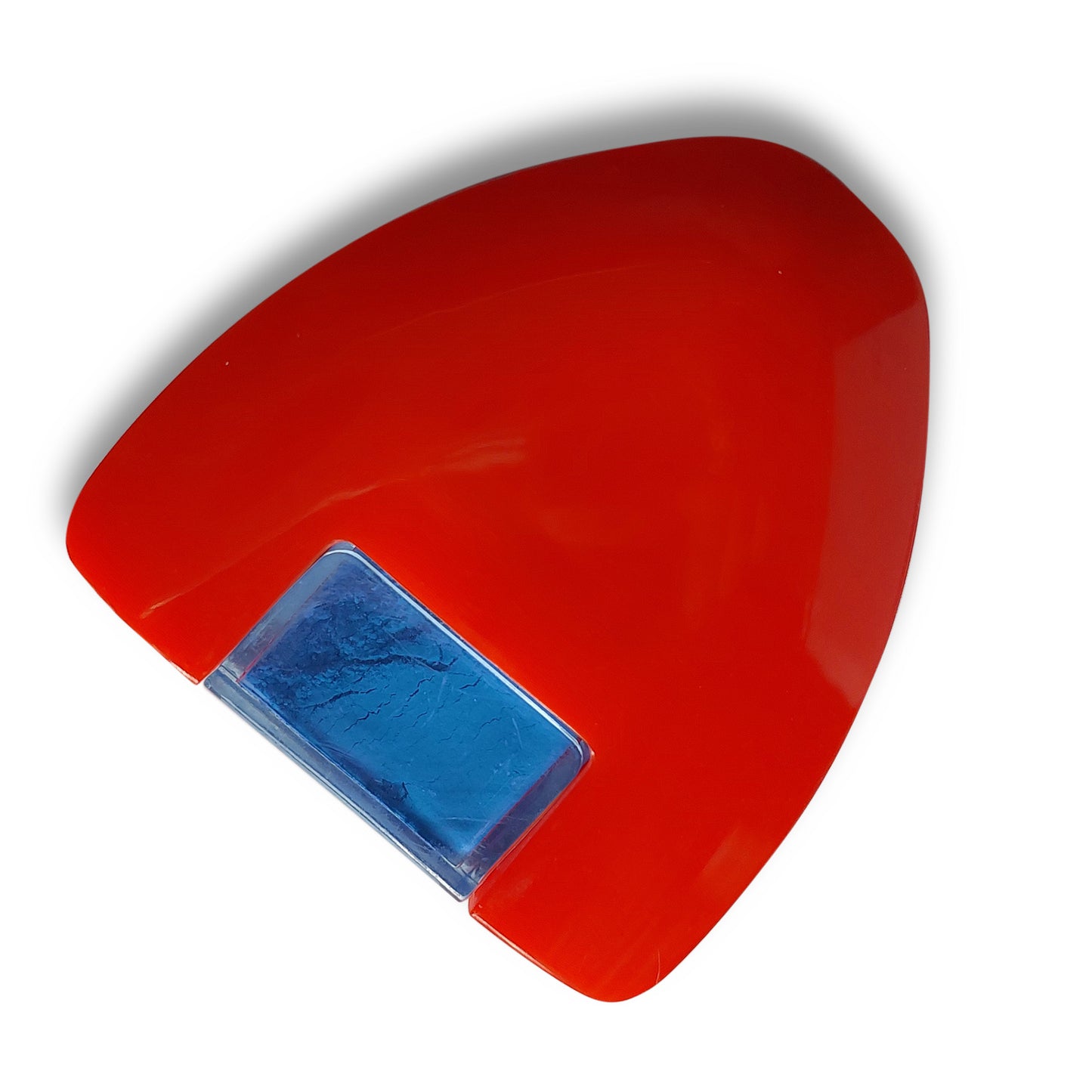 Red plastic powder chalk marker casing containing a pastel blue chalk powder