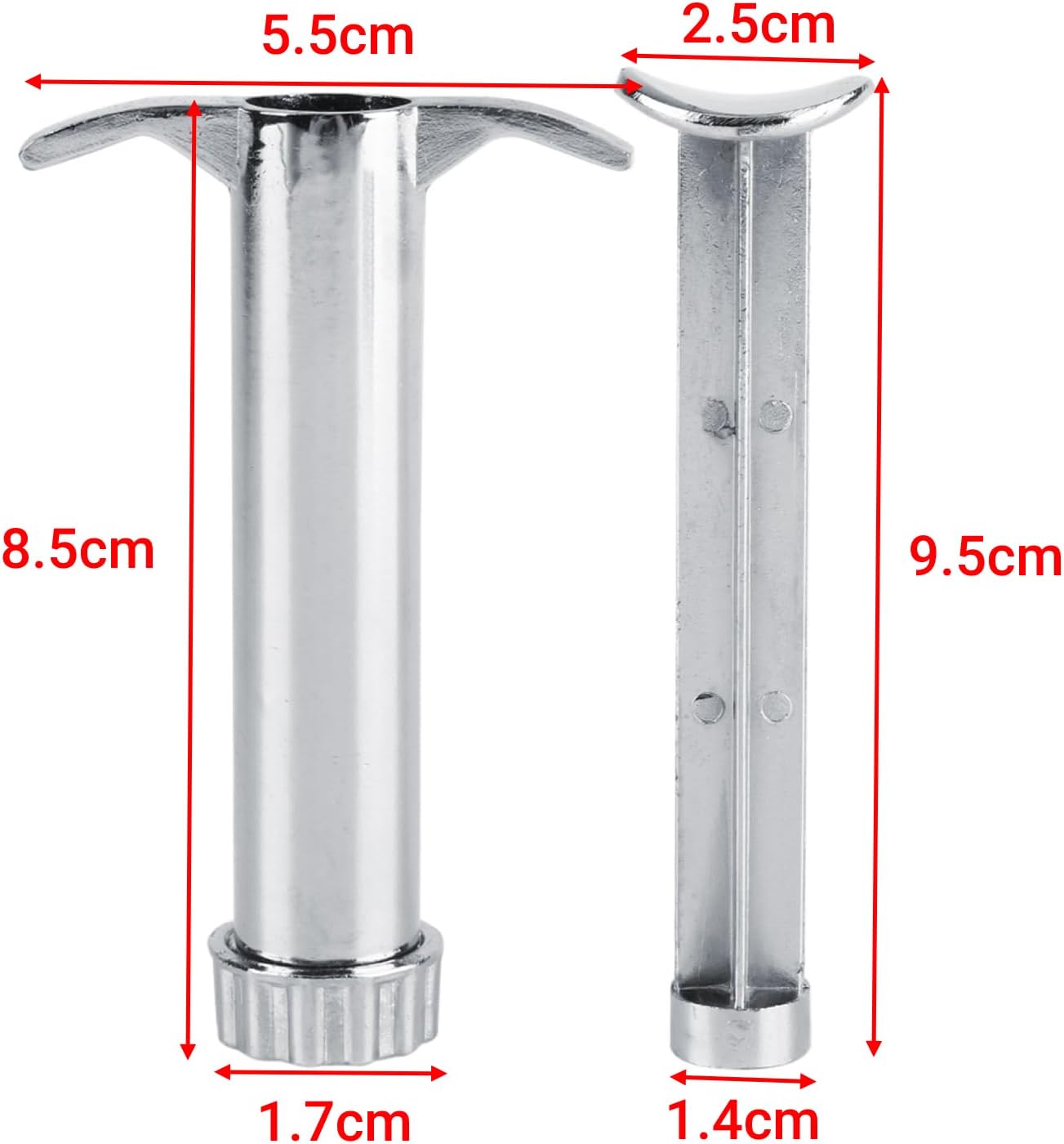 Technical dimension diagram detailing the height, barrel diameter, and handle width specifications of the clay syringe tool.