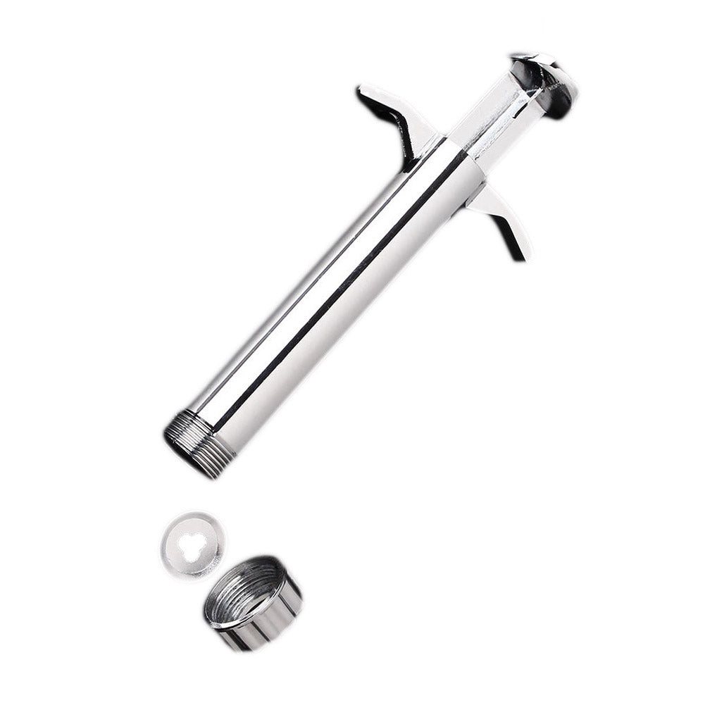 Stainless steel modeling clay gun displaying an unthreaded cap and single metal design disc insert.