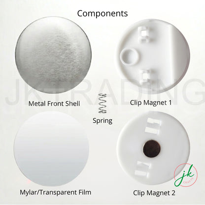 Components of a magnetic clip system including metal front shell, clip magnet 1, spring, mylar/transparent film, and clip magnet 2 on a white background.