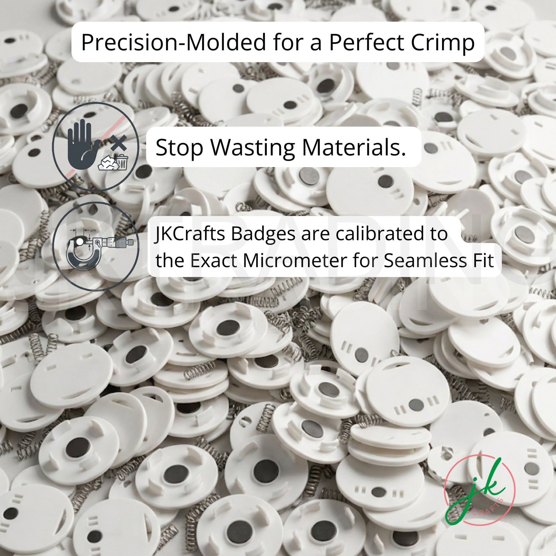 Bulk stack of precision-molded plastic clip magnet backings for uniform button badge maker assembly.