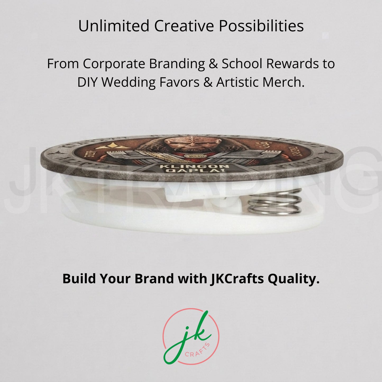 Side profile of a finished custom graphic clip magnet badge showcasing the thickness and spring assembly.