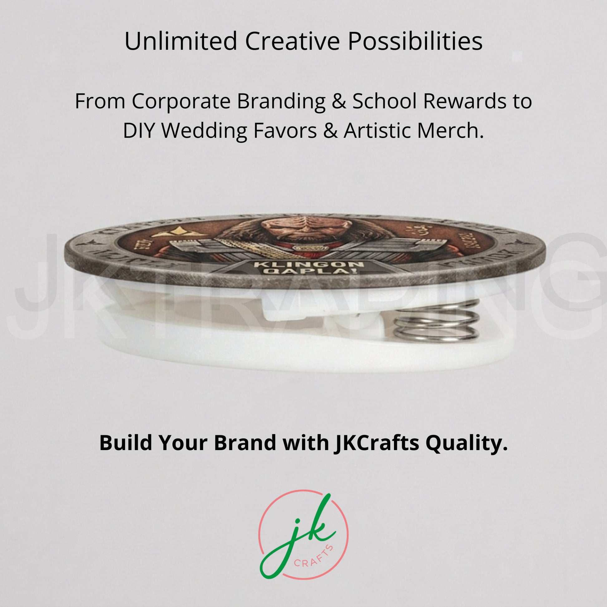 Side profile of a finished custom graphic clip magnet badge showcasing the thickness and spring assembly.