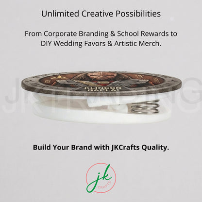 Side profile of a finished custom graphic clip magnet badge showcasing the thickness and spring assembly.