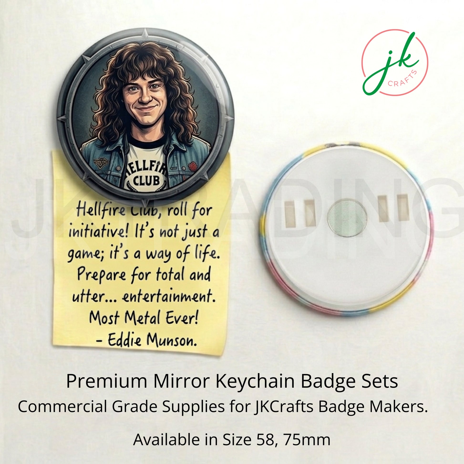 Premium JKCrafts clip magnet badge sets featuring custom printed character graphic designs.