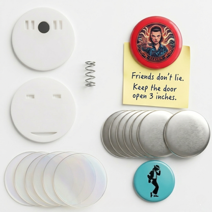 Complete DIY clip magnet button badge making kit with metal shells, white plastic clips, and springs.