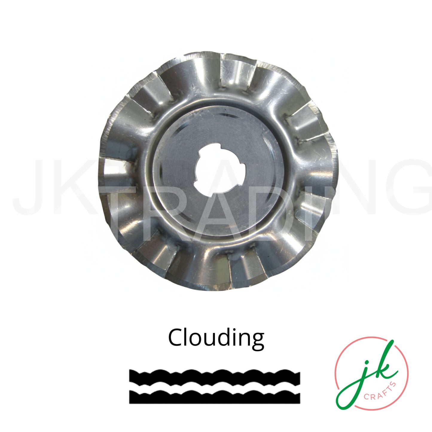 Clouding pattern rotary cutter blade with an prescriptive line illustration of its smooth, billowing wavy cut path.