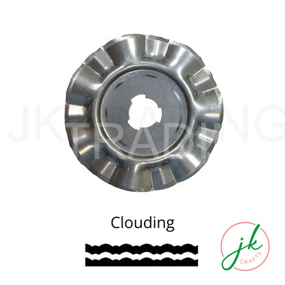 Clouding pattern rotary cutter blade with an prescriptive line illustration of its smooth, billowing wavy cut path.