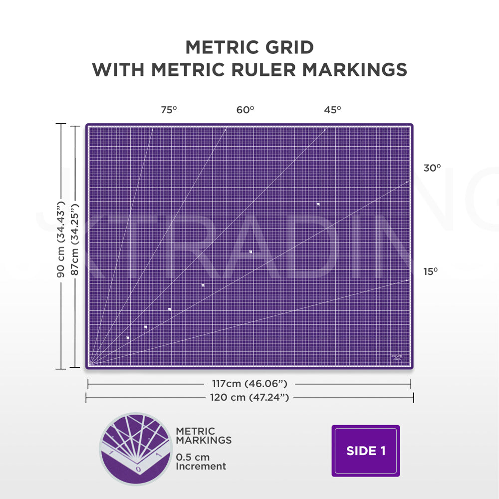 Product banner for the extra large purple A0 workshop desk protector mat displaying precise 120cm by 90cm outer dimensions.