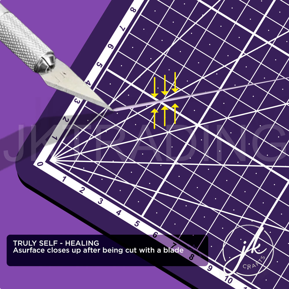 Close-up macro demonstration of a steel craft hobby knife tracing a curve on a vibrant purple A0 self-healing mat.