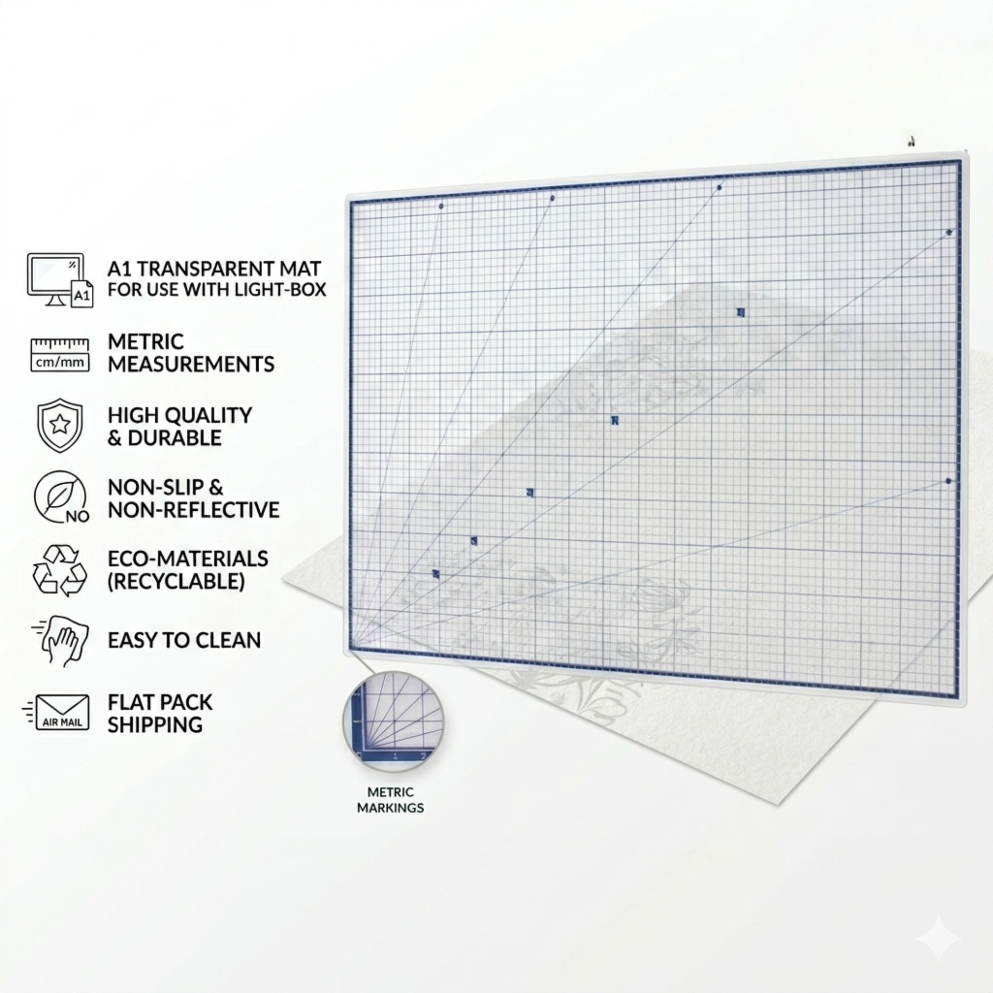 Multi-layer completely clear self-healing cutting mat highlighting its glassy, transparent design template properties.