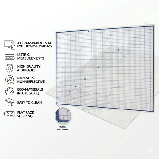 Multi-layer completely clear self-healing cutting mat highlighting its glassy, transparent design template properties.