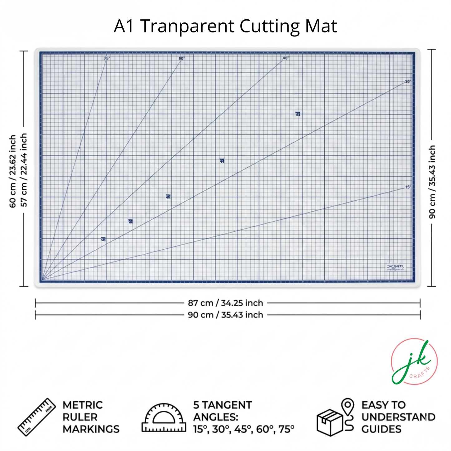 Large format A1 transparent craft board displaying blue metric grid lines and precise 90cm by 60cm outer dimension markings.