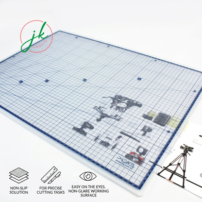 Wide-angle view of a clear A1 drafting mat resting on a desk space next to professional architectural design gear.
