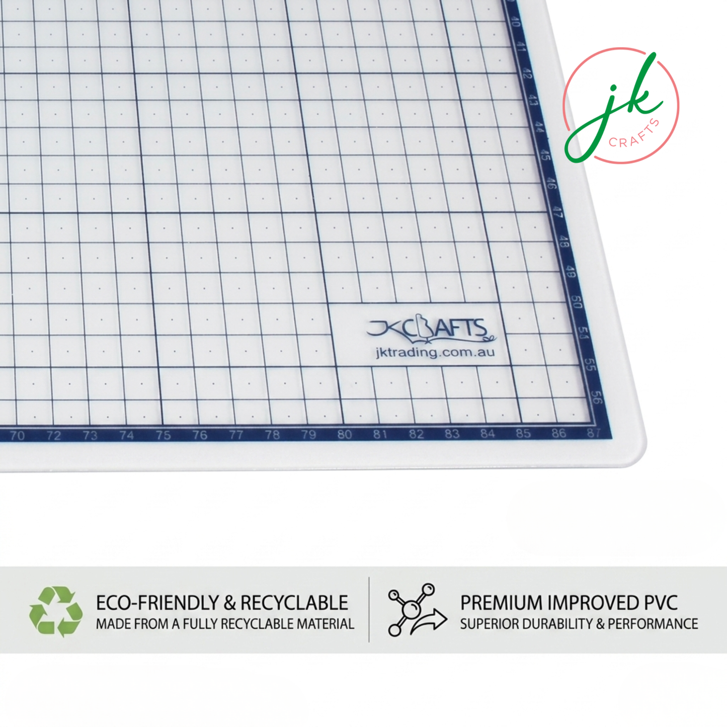 Close-up profile view of the blue metric grid border markings on a premium transparent model making pad.