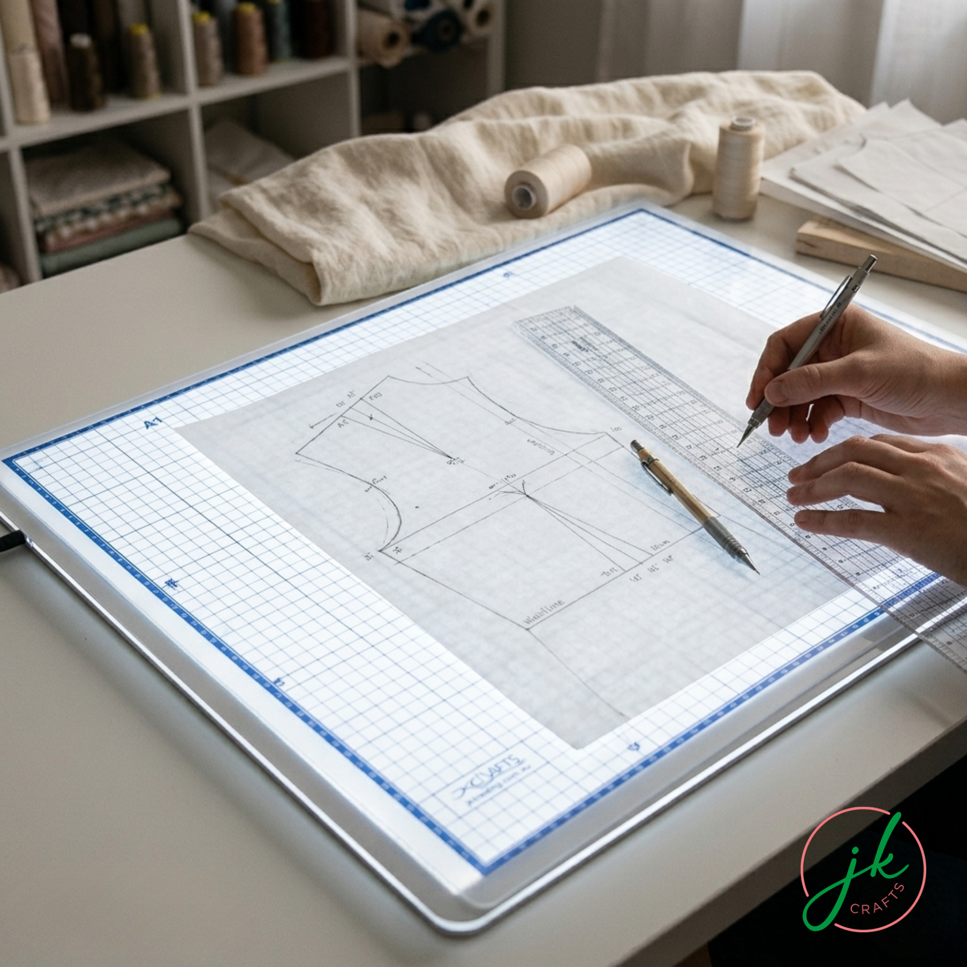 Creative studio desk showing an artist tracing intricate garment pattern design layouts over an illuminated glass light box.
