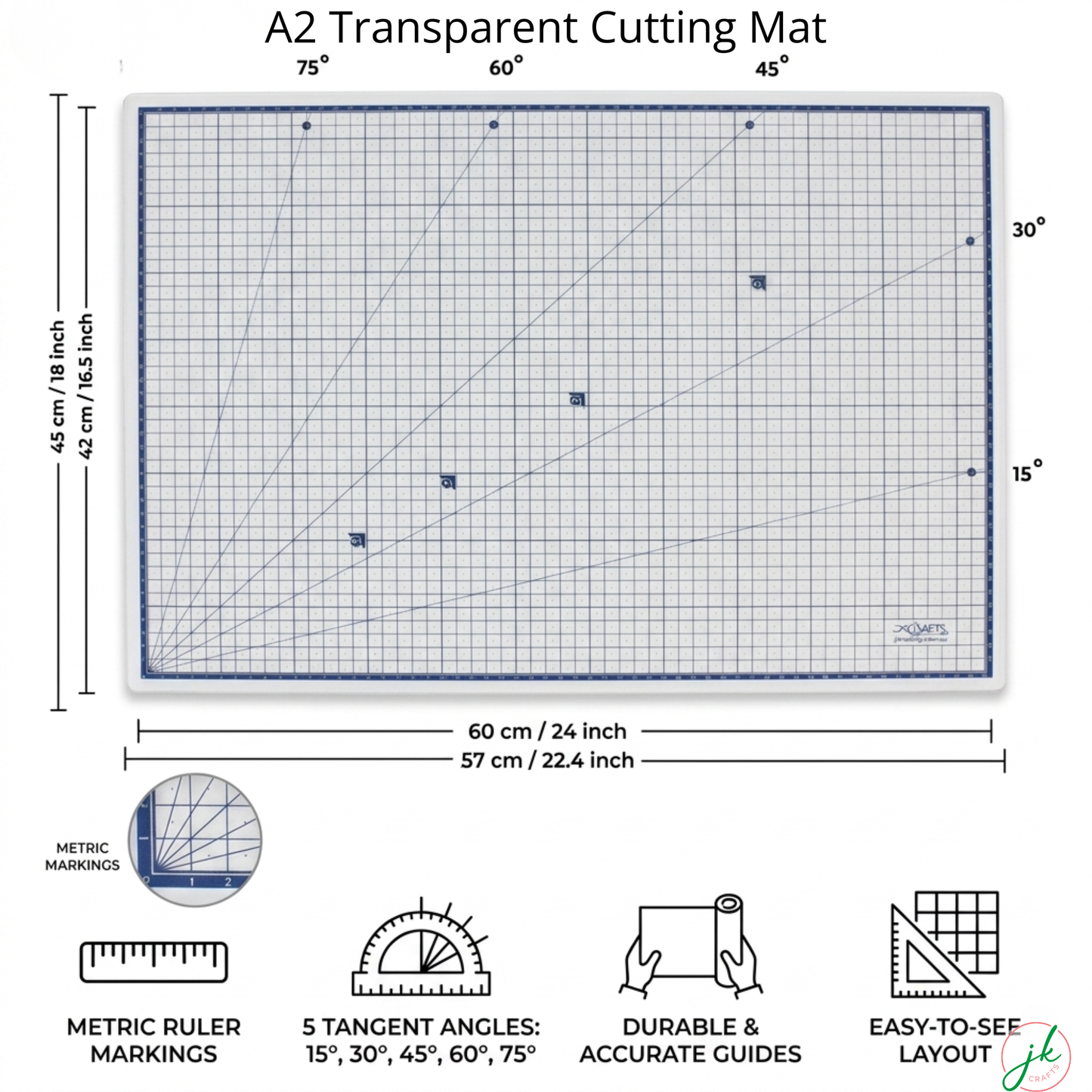 Intermediate A2 transparent self-healing cutting mat variation with dimensions measuring 60cm by 45cm.