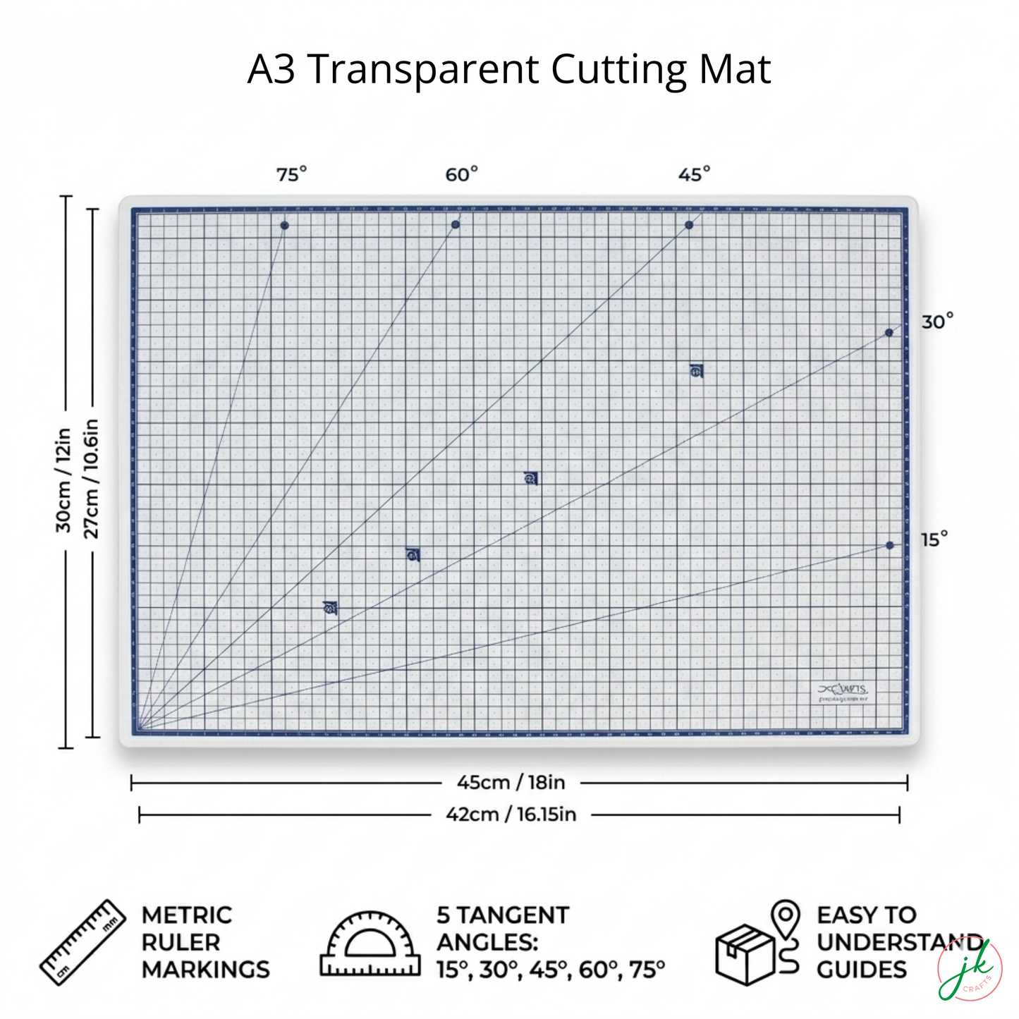 Compact A3 see-through hobby craft grid mat displaying exact 45cm by 30cm structural layout proportions.