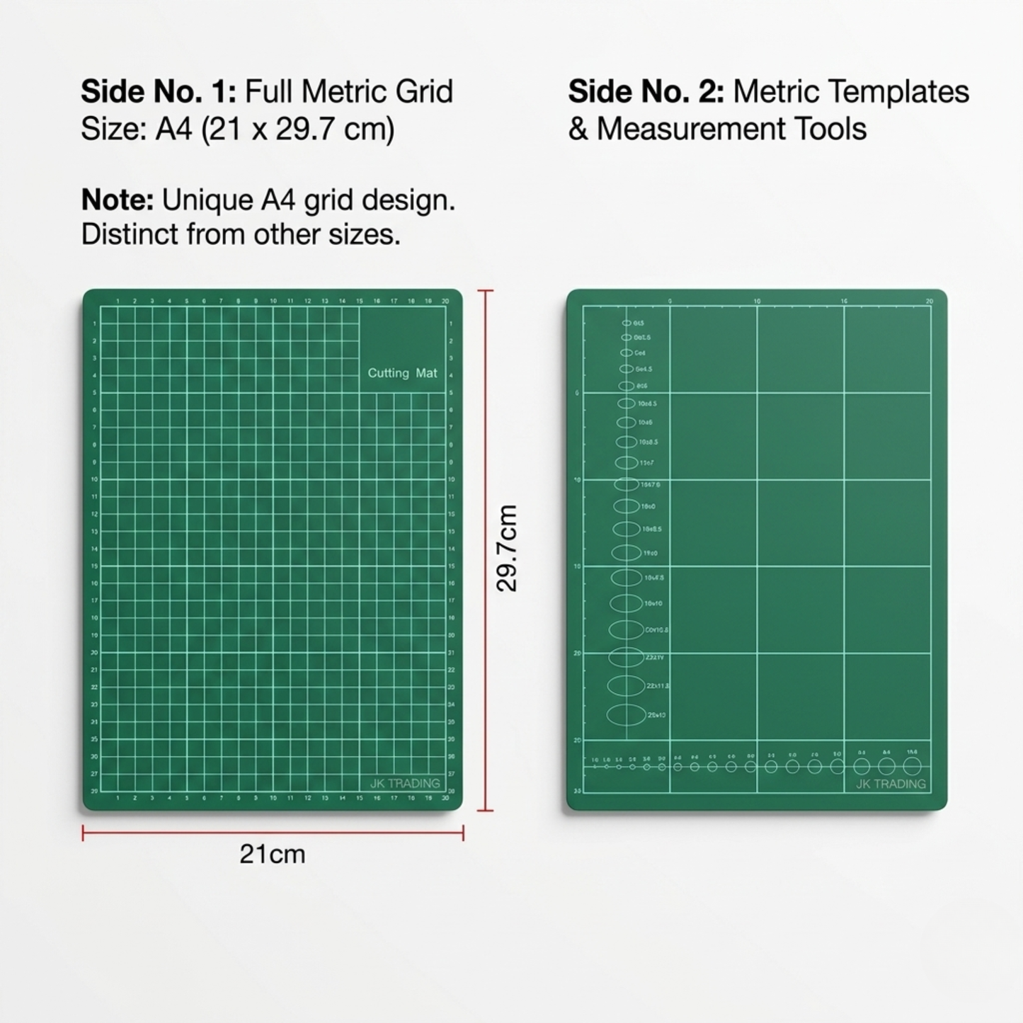 Infographic displaying the front and back layouts of a double-sided green A4 cutting mat measuring 30cm by 22cm.