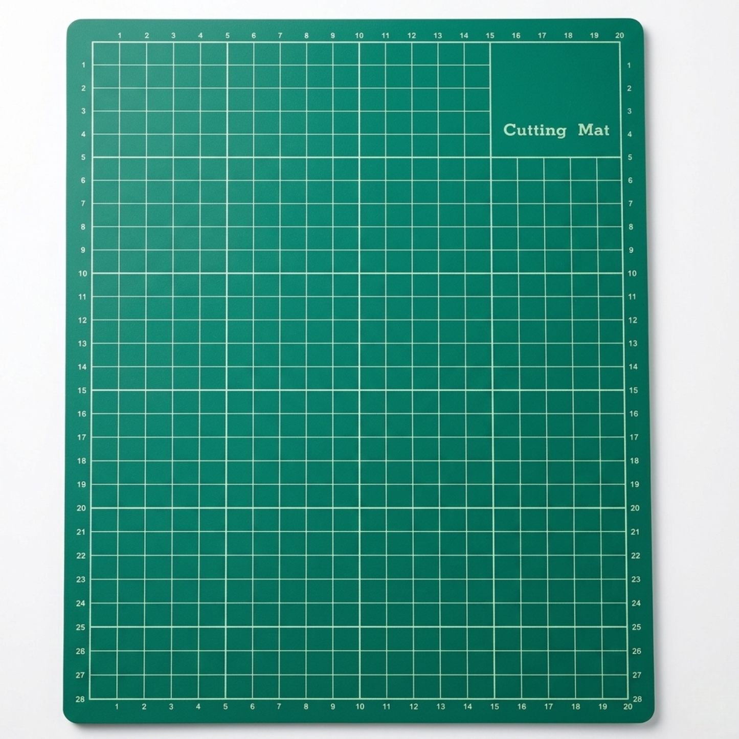 Front grid profile of a classic green 3-ply A4 self-healing cutting mat with yellwo metric grid lines on a white backdrop.