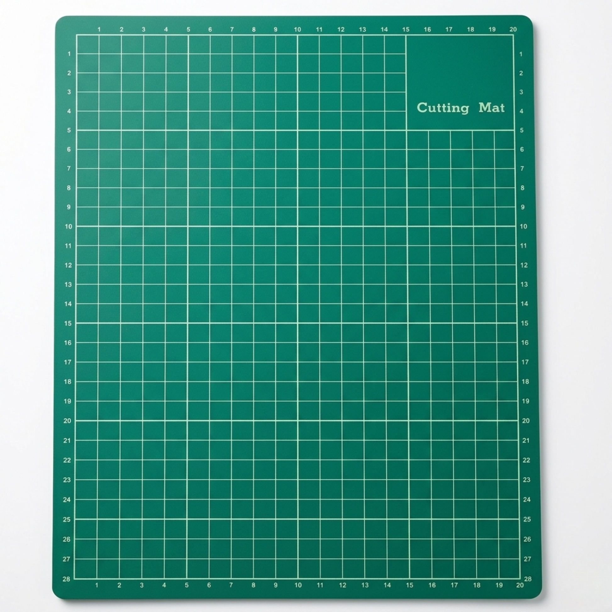 Front grid profile of a classic green 3-ply A4 self-healing cutting mat with yellwo metric grid lines on a white backdrop.