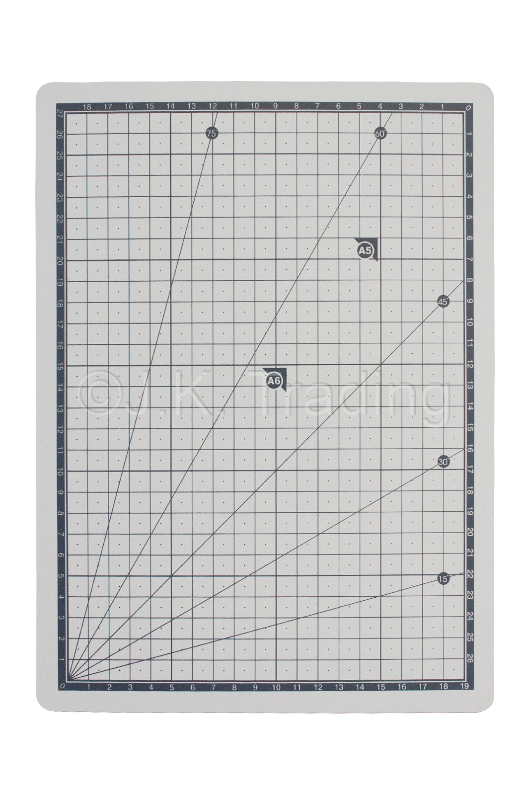 Front-facing view of a durable grey 3-ply self-healing A4 cutting mat detailing white metric grid coordinate paths.