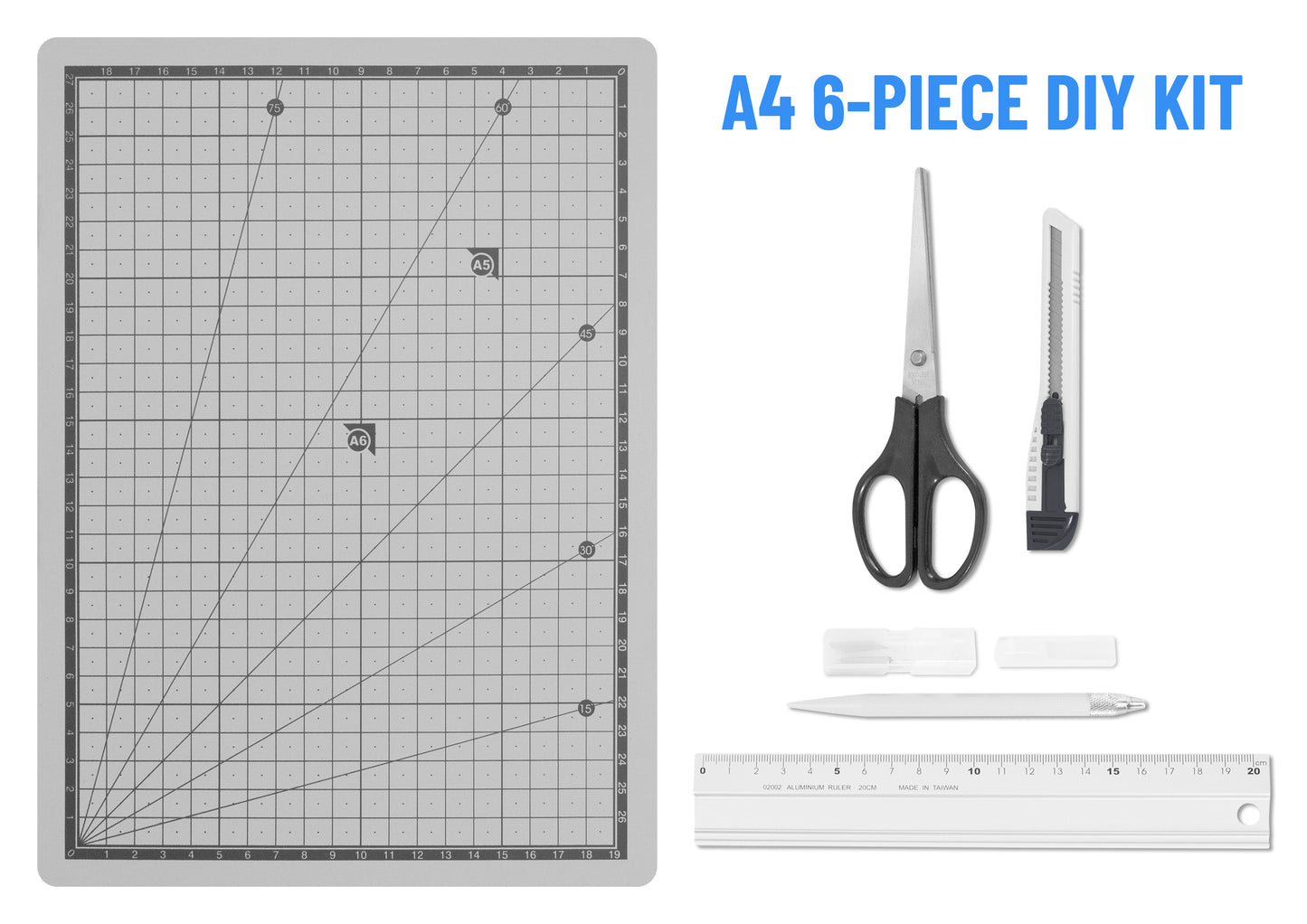 Comprehensive 6-piece tailoring and precision paper cutting kit bundle with an A4 grid self-healing mat.