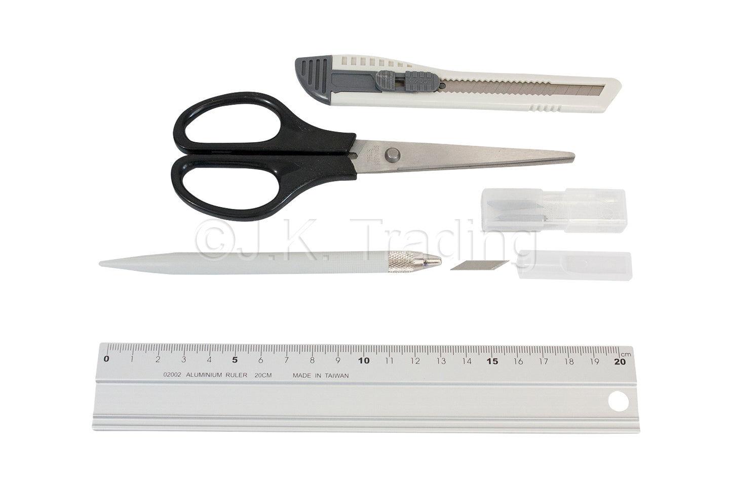 6-piece multi-tool craft kit including a hobby knife set, fabric shears, cutting mat, and stainless steel ruler.