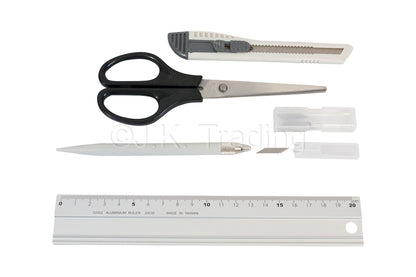 6-piece multi-tool craft kit including a hobby knife set, fabric shears, cutting mat, and stainless steel ruler.