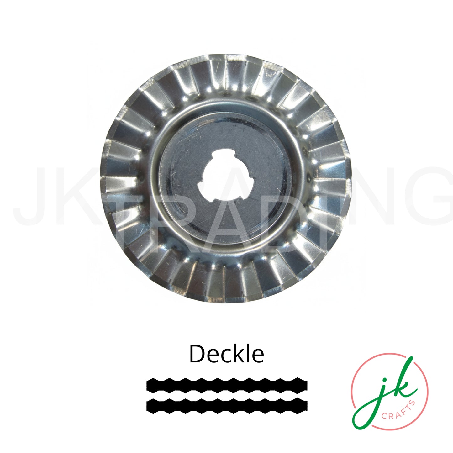 Deckle edge rotary replacement blade designed to mimic torn, rustic vintage paper edges for scrapbooking and card crafts.