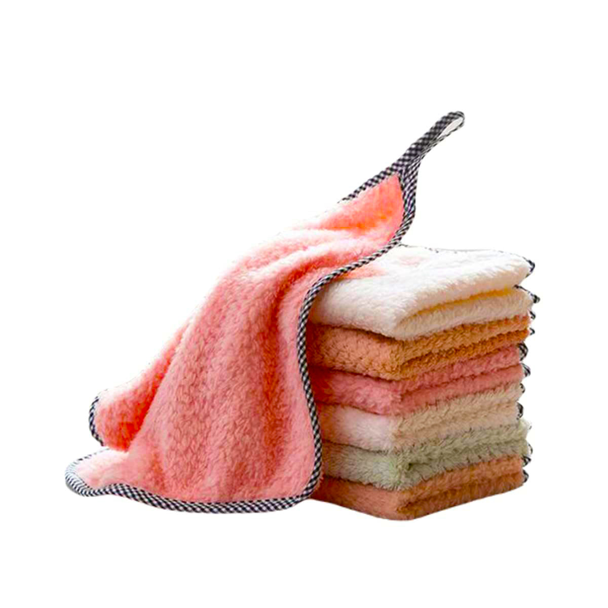 Stack of colorful towels with a pink towel draped over the top on a white background