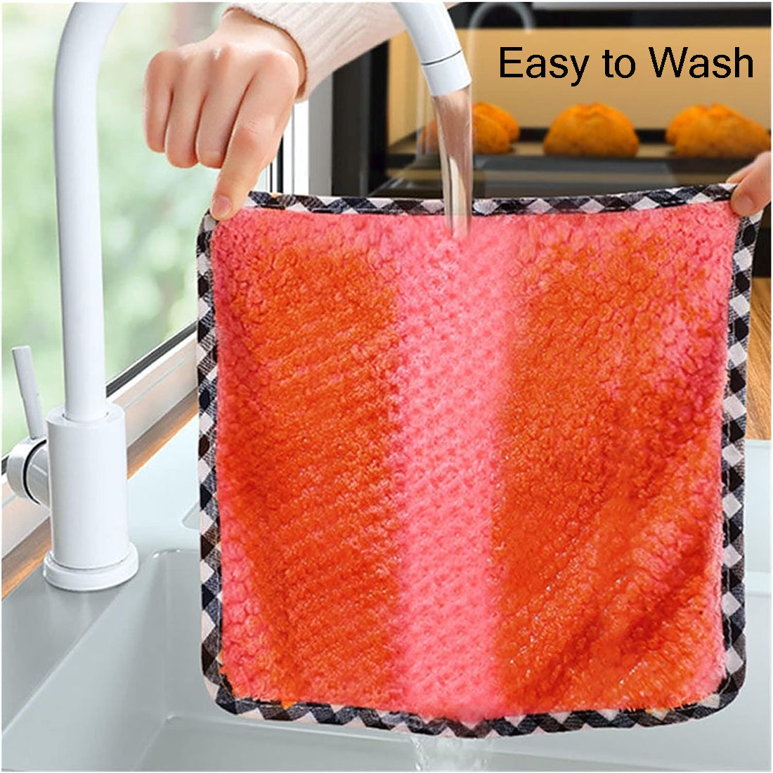 Red and pink checkered towel with text 'Easy to Wash' over a kitchen background.