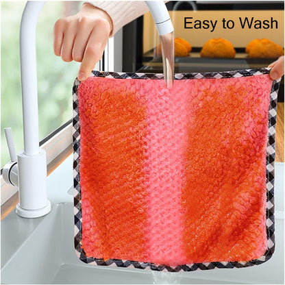 Red and pink checkered towel with text 'Easy to Wash' over a kitchen background.