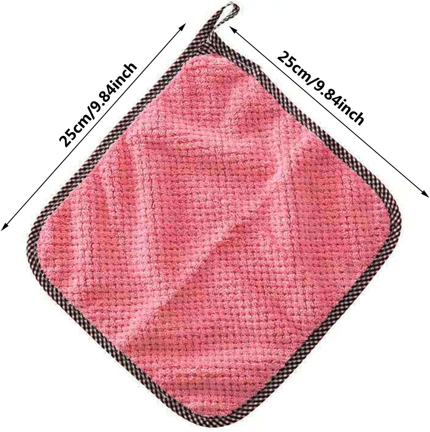 Pink pot holder with black border and measurements on a white background