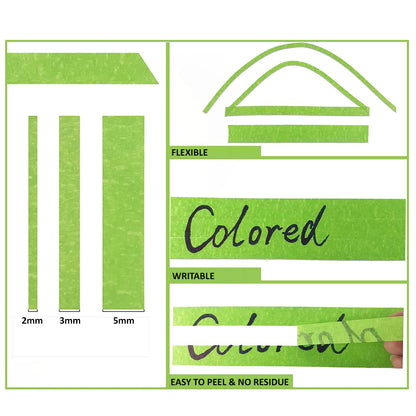 Green tape with flexible, writable, and peelable properties on a white background